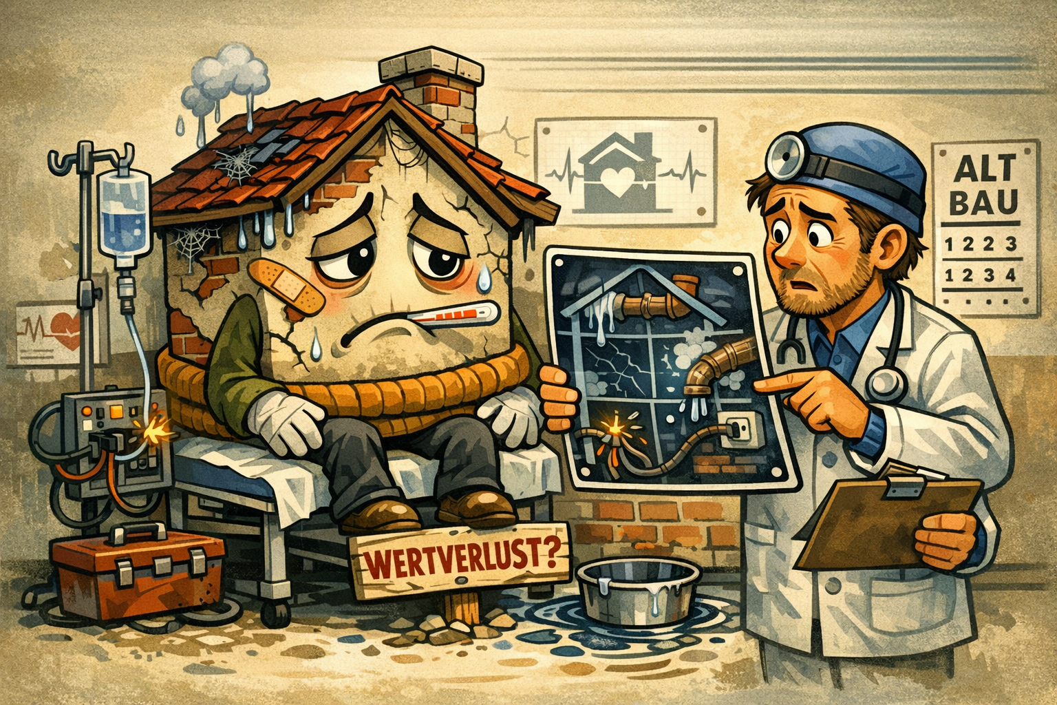 Ein altes Häuschen sitzt mit trauriger Miene beim Doktor und hört sich den Untersuchungsbericht an.