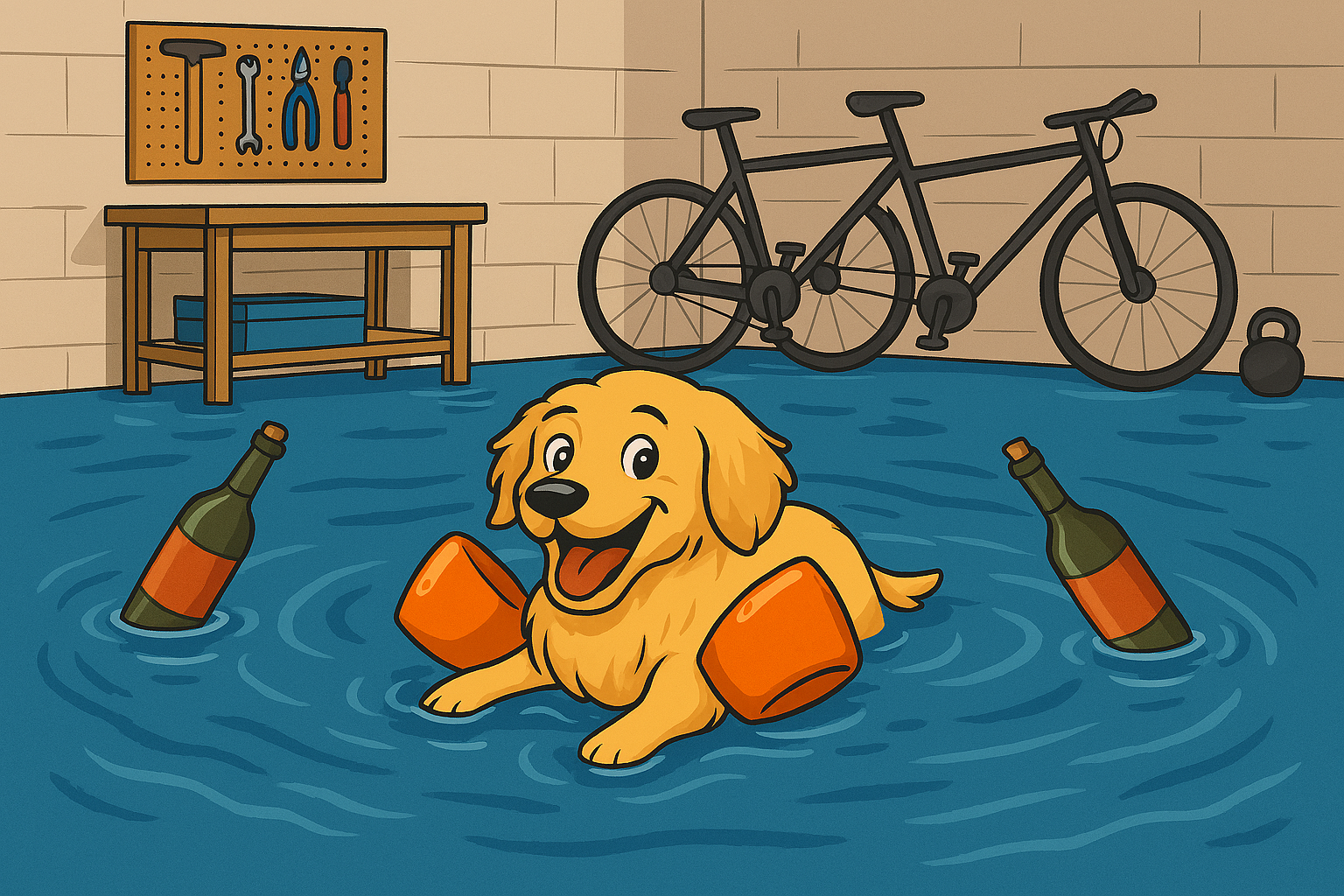 Haushund Friedo schwimmt fröhlich im überfluteten Keller zwischen Herrchens Weinvorrat.